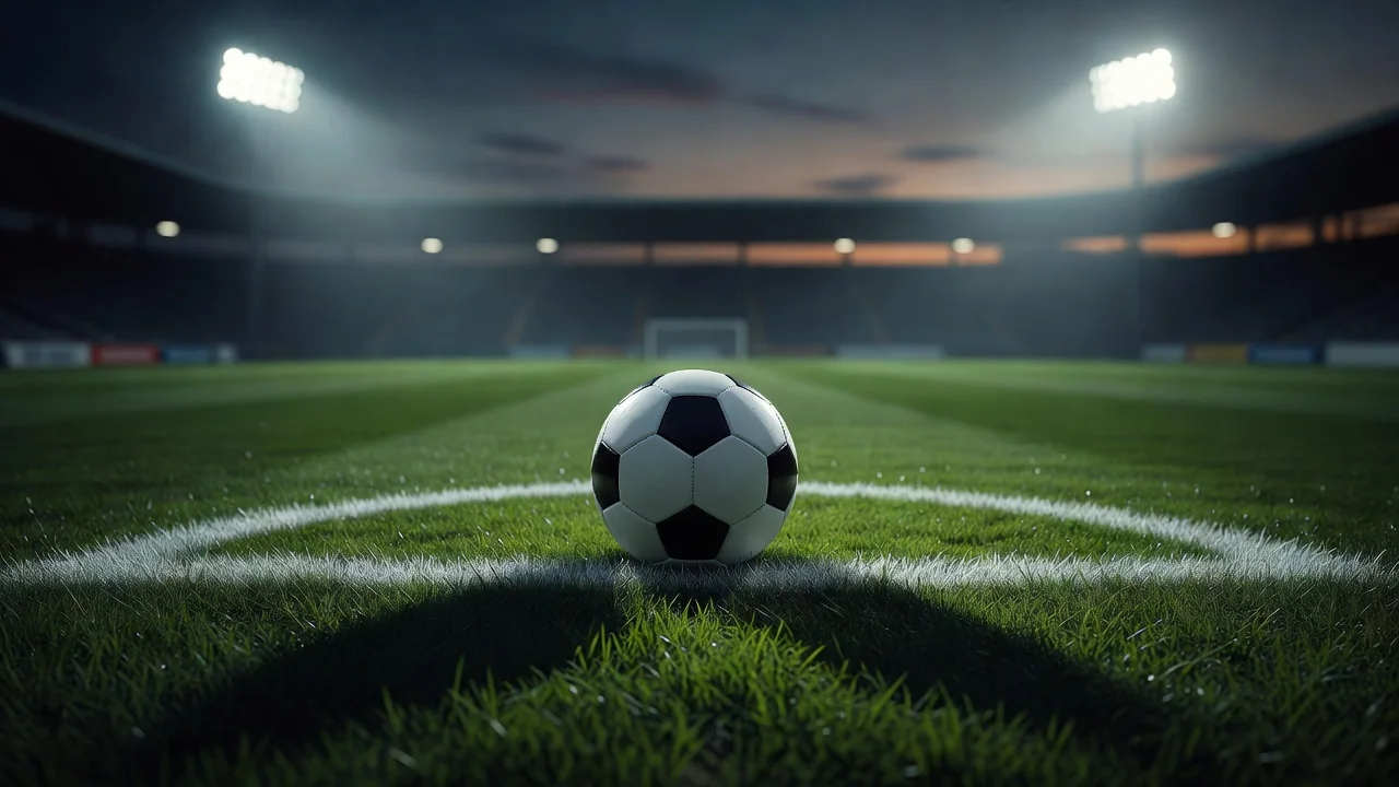 Football resting on a penalty spot with dramatic evening light