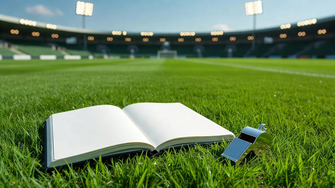 Manager notebook with blank tactical notes beside a whistle on the touchline