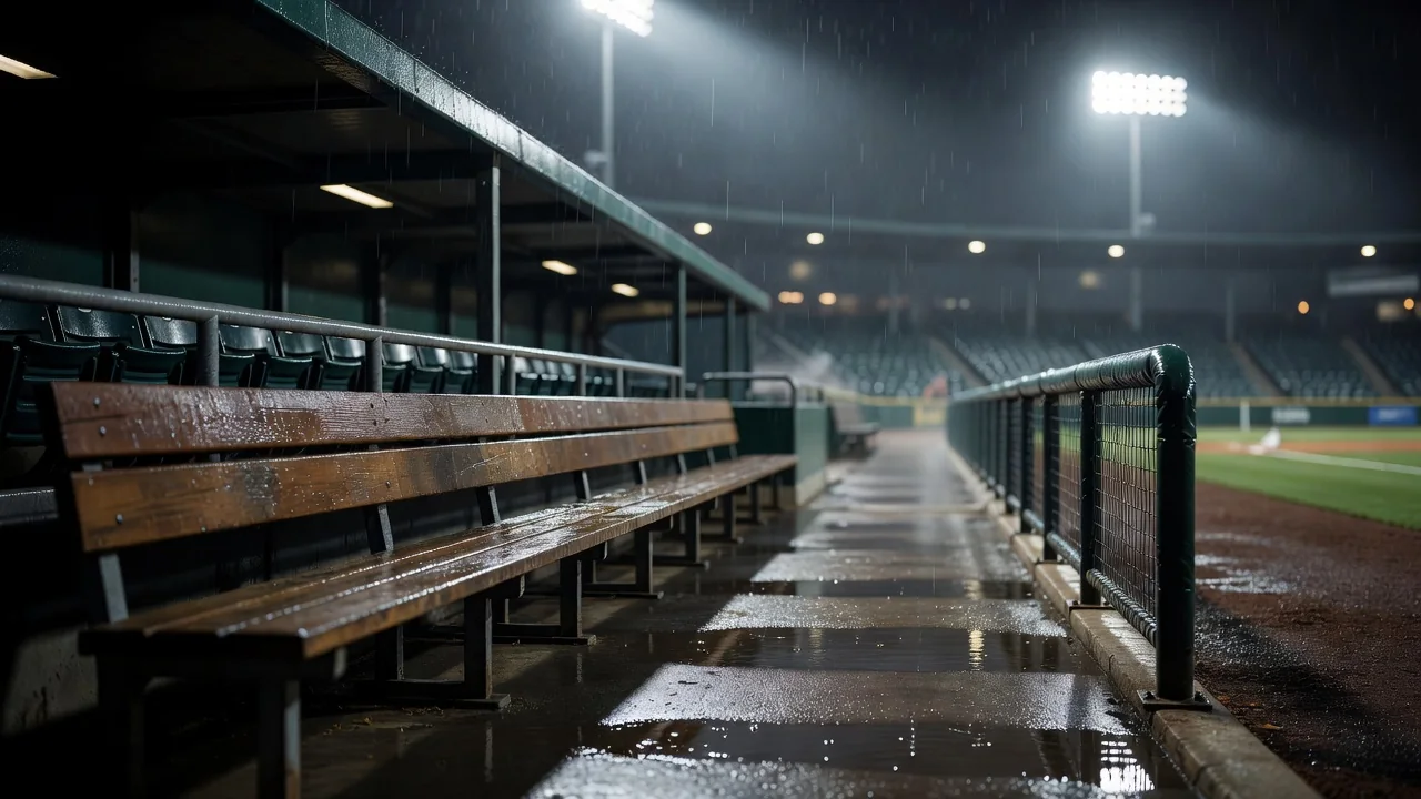 Manager bench and empty dugout in the rain before a match