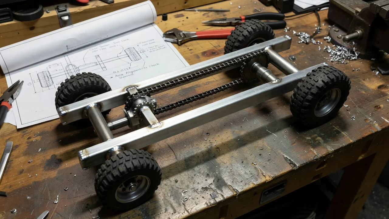 Hand-built miniature pulling truck chassis with chain drive on a workbench