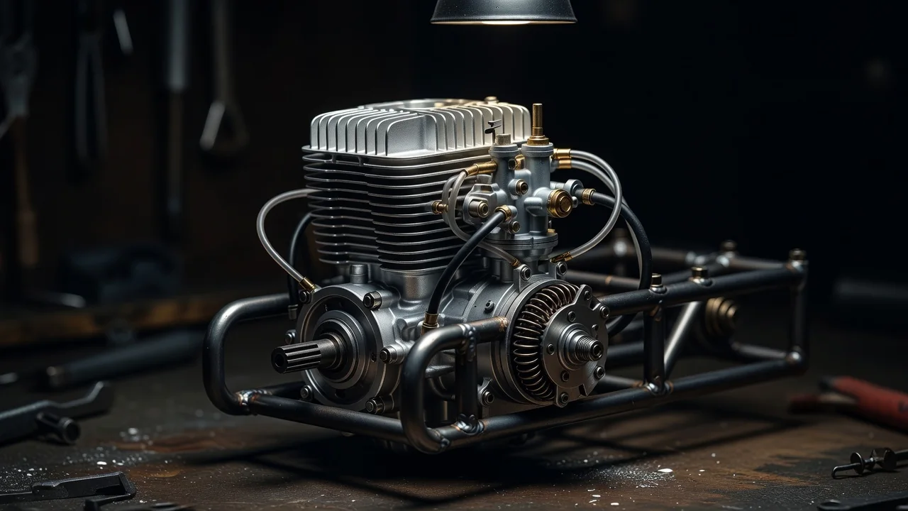 Small two-stroke chainsaw engine with pull starter and tuned exhaust mounted in a model chassis
