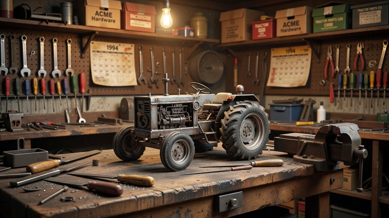 Miniature pulling tractor being built on a workbench with hand tools