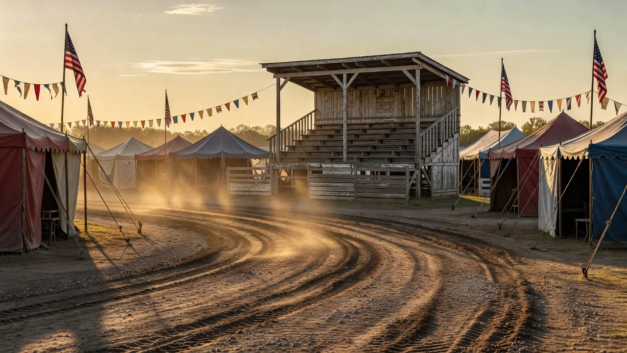 County fair grandstand and dirt pulling track at golden hour